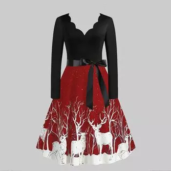 Рождественский принт с пайетками в стиле пэчворк с длинными рукавами Вечерние платья с оленями и фигуристами L