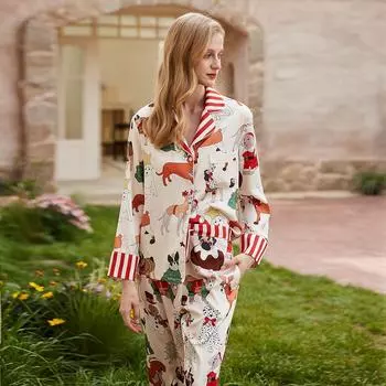 Рождественский принт с собаками, женский пижамный комплект из двух предметов из тонкого шелка с длинными рукавами и брюками полной длины, одежда для сна M