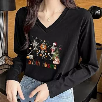 Рождественский принт скелета с костями женские футболки женские топы с длинным рукавом V-образный вырез пуловер женские футболки футболка для женщин XS белый