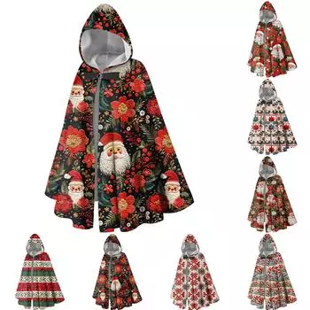 Рождественский принт — стильная длинная накидка с капюшоном, подходящая как мужчинам, так и женщинам One Size циан