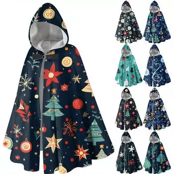 Рождественский принт - унисекс ретро вертикальная накидка длинная накидка с капюшоном One Size тёмно-синий