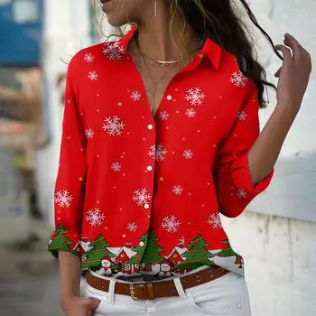Рождественский принт Женская блузка весна осень женская офисная женская рубашка на пуговицах с отложным воротником XS фиолетовый