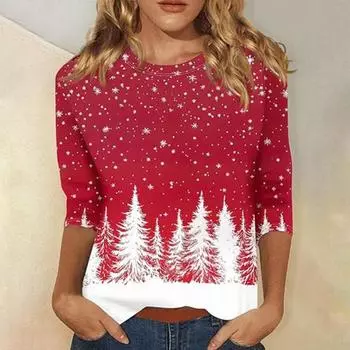 Рождественский принт Женская футболка с круглым вырезом 45355 Рукав Свободный крой Пуловер Топы S