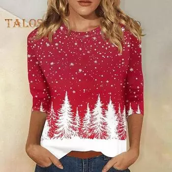 Рождественский принт Женская футболка с круглым вырезом и рукавом 3/4 Свободный крой Пуловер Топы с дизайном рождественской елки Легкие топы S A
