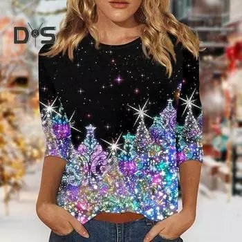 Рождественский принт Женская футболка с круглым вырезом и рукавом 3/4 Свободный крой Пуловер Топы с дизайном рождественской елки Легкие топы S B