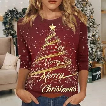 Рождественский принт Женская футболка с круглым вырезом и рукавом 3/4 Свободный крой Пуловер Топы с дизайном рождественской елки Легкие топы S C