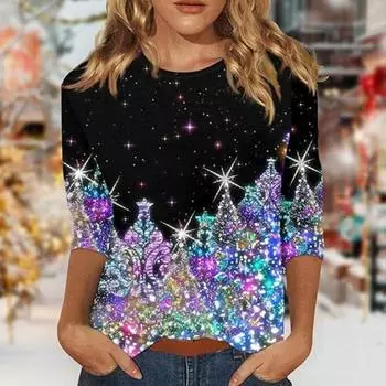 Рождественский принт Женская футболка с круглым вырезом и рукавом 3/4 Свободный крой Пуловер Топы с дизайном рождественской елки Легкие топы S E