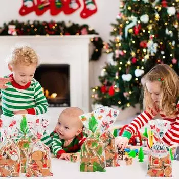 Рождественский прозрачный пластиковый упаковочный пакет, колокольчик, лось, свеча, прозрачный пластиковый подарочный пакет, подарочный пакет на день рождения 50pcs