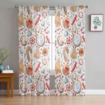 Рождественский пряничный человечек, снеговик, прозрачные шторы для гостиной, спальни, тюлевая занавеска для кухни, вуаль, занавеска, жалюзи, панели 135W x 114H(cm)