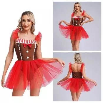 Рождественский пряничный костюм для косплея, бант, полосатое сетчатое платье-пачка, боди, рождественское платье для косплея, новогодняя одежда для ролевых игр в виде человека-печенья S красный/коричневый