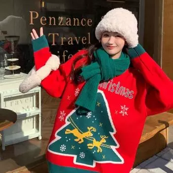 Рождественский пуловер для женщин 2022, осенне-зимний свитер с круглым вырезом в Корейском стиле, свободный свитер с узором океанской вязки, пуловер One Size зелёный