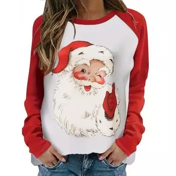Рождественский пуловер с принтом Санта-Клауса, повседневный свитшот с круглым вырезом с рукавами реглан на осень и зиму, женская одежда S красный