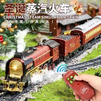 Рождественский ретро-паровоз с дистанционным управлением, игрушечный поезд с имитацией дыма, звуком и светом, железнодорожный путь коричневый