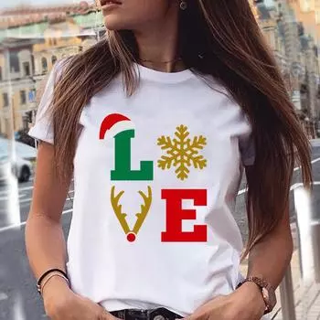 Рождественский рисунок животных Merry Chris Print Летняя свободная рубашка с круглым вырезом из чистого хлопка с короткими рукавами Футболки женские S