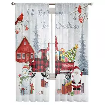 Рождественский Рождественский грузовик, снеговик, гном, прозрачные шторы для гостиной, спальни, кухни, украшения, вуаль, тюлевая занавеска из органзы 135W x 114H(cm)