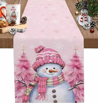 Рождественский розовый снеговик, рождественская елка, снежинка, льняная дорожка для стола, зимняя рождественская вечеринка, кухонный обеденный стол, декор для рождественских украшений 150x33cm 59x13inch
