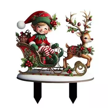 Рождественский садовый столб, милый эльф, олень, сани, вставка для земли, наружный декор для двора 25cm*30cm разноцветный