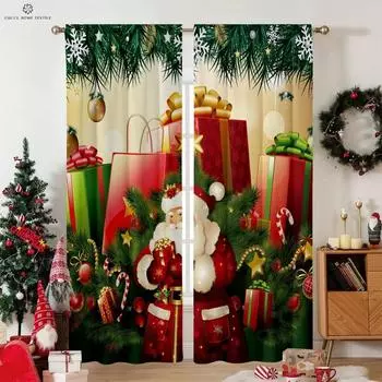 Рождественский Санта-Клаус с круглым цветочным узором, занавеска, карман на штанге, подходит для спальни, гостиной, украшения на открытом воздухе W50xH130(CM)x2PCS&Rod pocket