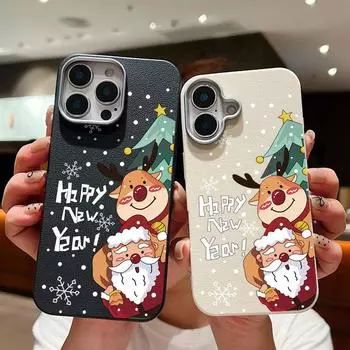 Рождественский Санта-Клаус с рисунком лося из кожи и текстуры TPU, мягкий чехол для iPhone 16, 15, Pro, 14, 13, 12, 11 Pro Max, Xs Max, Xr, 8, 7, 6 Plus, ударопрочный тонкий чехол iPhone 16 бежевый