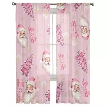 Рождественский Санта-Клаус Снежинка Цветок Розовый Тюлевые Шторы Гостиная Спальня Прозрачный Декор Шифоновая Вуаль Кухонные Оконные Шторы W135 x H114cm