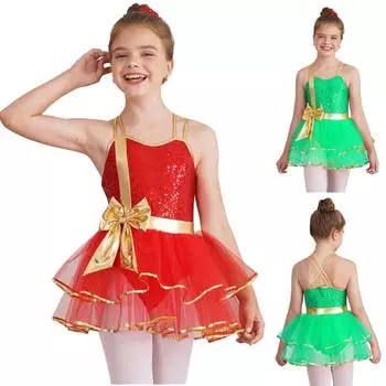 Рождественский сценический костюм для девочек, платье-пачка без рукавов с блестящими пайетками, гимнастическое танцевальное трико, платье 3-4 Years красный