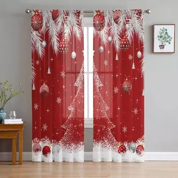 Рождественский шар из листьев кедра Рождественская елка Красные прозрачные шторы Украшение гостиной Оконные шторы Кухня Тюль Вуаль Шторы W135 x H115cm x1
