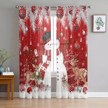Рождественский шар Снеговик Лось Рождественская елка Красные прозрачные шторы Украшение гостиной Оконные шторы Кухня Тюль Вуаль Шторы W135 x H115cm x1