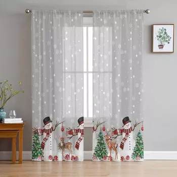 Рождественский шар Снеговик Лось Рождественская елка Снежинка Серые прозрачные шторы Декор комнаты Оконная штора Кухня Тюль Вуаль Шторы W135 x H115cm x1