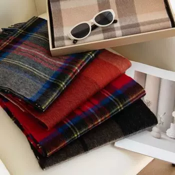 Рождественский шарф из 100% шерсти, высококачественный женский универсальный, с клетчатой строчкой, теплый воротник 180*30cm