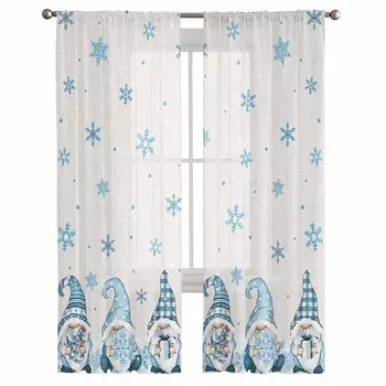 Рождественский Синий Снежинка Гном Оконные Тюлевые Шторы для Гостиной Кухни Рождественский Домашний Декор Прозрачная Вуаль Шторы 135W x 114H(cm)
