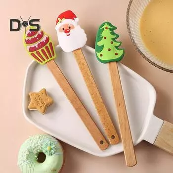 Рождественский скребок, силиконовый скребок для выпечки с ручкой из бука, антипригарная лопаточка для печенья, выпечки