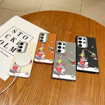 Рождественский снеговик для Magsafe Магнитный чехол для Samsung S24 Ultra S23 S22 Plus S21 S20 Fe Кожаная текстура Ударопрочный Мягкий TPU Квадратный тонкий чехол Samsung S24 E чёрный