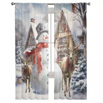 Рождественский Снеговик Лось Винтаж Ферма Тюлевые Шторы для Гостиной Прозрачные Шторы для Спальни Рождественские Жалюзи Вуаль Шторы 135W x 114H(cm)