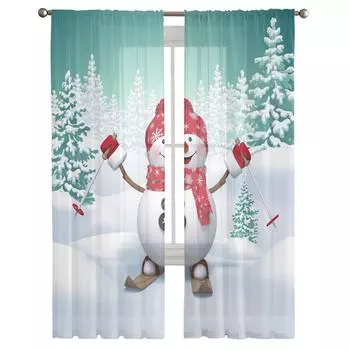 Рождественский снеговик, лыжи, зимний лес, тюль, прозрачные шторы для гостиной, спальни, современные вуали, органза, шторы, портьеры W135 x H115cm x1