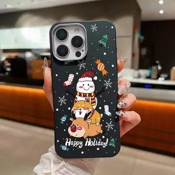 Рождественский снеговик, рисунок лося, кожаная текстура, мягкий чехол из ТПУ для iPhone 16, 15, Pro, 14 Plus, 13, 12, 11 Pro Max, Xs Max, Xr, 8, 7, 6 Plus, ударопрочный тонкий чехол iPhone 16 чёрный