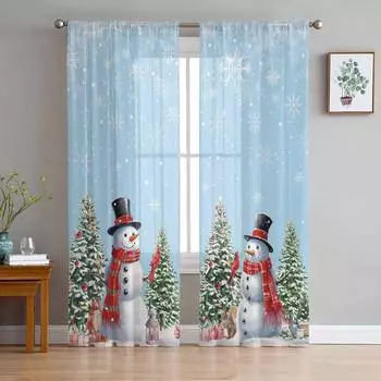 Рождественский снеговик, Рождественская елка, снежинки, оконные тюлевые шторы для гостиной, кухни, Рождественский домашний декор, прозрачные шторы 135W x 114H(cm)
