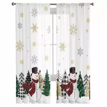 Рождественский снеговик, снежинка, дерево, вуаль, прозрачные шторы для гостиной, окна, тюлевая занавеска, занавески для кухни, спальни, домашний декор 135W x 114H(cm)