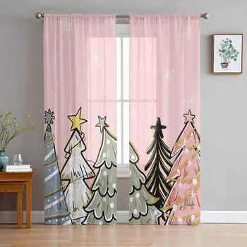 Рождественский снеговик, снежинка, ретро-сосна, прозрачные шторы, современные газовые шторы для гостиной, спальни, вуалевые шторы из пряжи W135 x H114cm