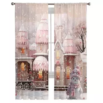 Рождественский снеговик, снежная сцена, розовый дом, прозрачные шторы, рождественские украшения для дома, оконные тюлевые шторы для гостиной, спальни W135 x H114cm