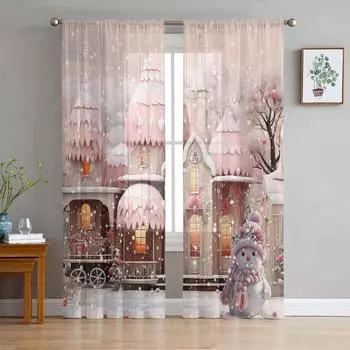 Рождественский снеговик, снежная сцена, розовый дом, прозрачные шторы для гостиной, украшения оконных штор, кухонных штор из тюля и вуали W135 x H115cm x1