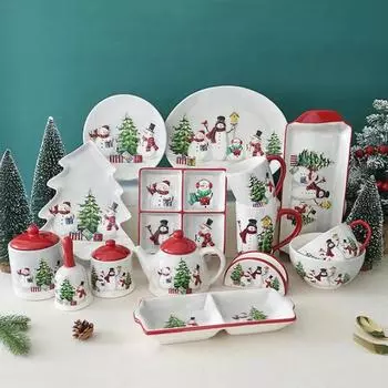 Рождественский снеговик, тарелка и столовые приборы, кухонная утварь, банка для хранения, семейный салатник, набор для заваривания чая, керамическая плоская тарелка для стейка