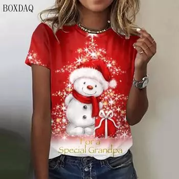 Рождественский снеговик в мультяшном стиле, женские модные футболки с коротким рукавом, 3D-принт, праздничные уличные женские топы, большие размеры 3XL S