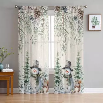 Рождественский снеговик Ягодная сосна Рождественская елка Белка Прозрачные шторы Украшение комнаты Оконные шторы Кухня Тюль Вуаль Шторы W135 x H115cm x1