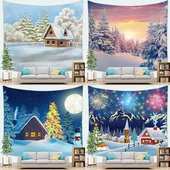 Рождественский снежный пейзаж закат гобелен спальня гостиная домашний рождественский декор гобелен 100x75cm