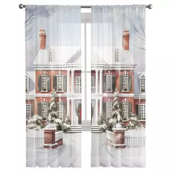 Рождественский Снежный Сцена Снежинка Дом Прозрачные Шторы Рождественские Украшения Дома Окна Тюлевые Шторы для Гостиной Спальни W135 x H114cm