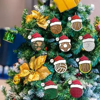 Рождественский спортивный орнамент, деревянный спортивный мяч, подвесное украшение, баскетбол, бейсбол, волейбол, теннис, многослойное деревянное украшение F