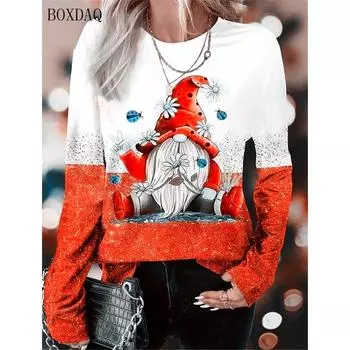 Рождественский стиль женские футболки осень зима длинный рукав 3D мультяшный принт уличный хип-хоп женские футболки 6XL плюс размер повседневные топы S