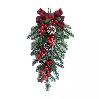 Рождественский сваг Искусственный сваг-слеза Венок с сосновыми шишками Красными ягодами и бантом Зимний подвесной сваг для двери Декор для входной двери Лестничный декор 1pc