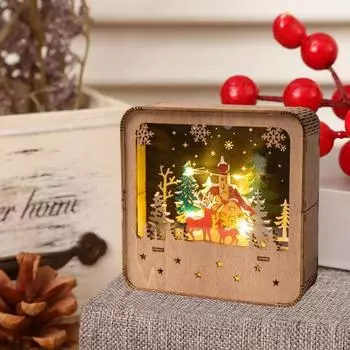 Рождественский светильник из дерева, вырезанные фигурки, светящиеся, праздничный стол, украшение на батарейках A