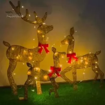 Рождественский светодиодный светильник в виде оленя, металлический стоячий красный бант, украшение в виде семьи оленей, 3D-светящийся олень, олененок, животное, декор для дома и улицы A